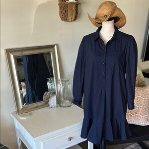 Cynthia Rowley navy 100% cotton pop over long sleeve shirt dress ruffle hem M‌‌